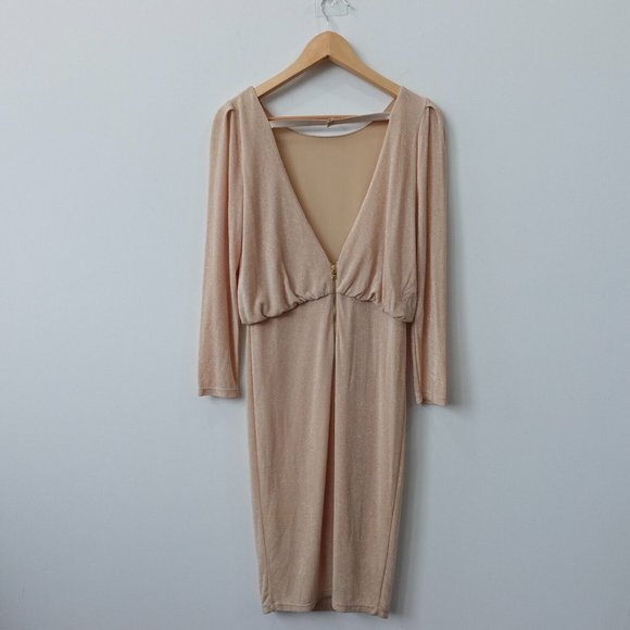 Alice Olivia Dress Size Medium Beige Formal Mini Blouson‎ Sparkle V Neck Party - Picture 1 of 9